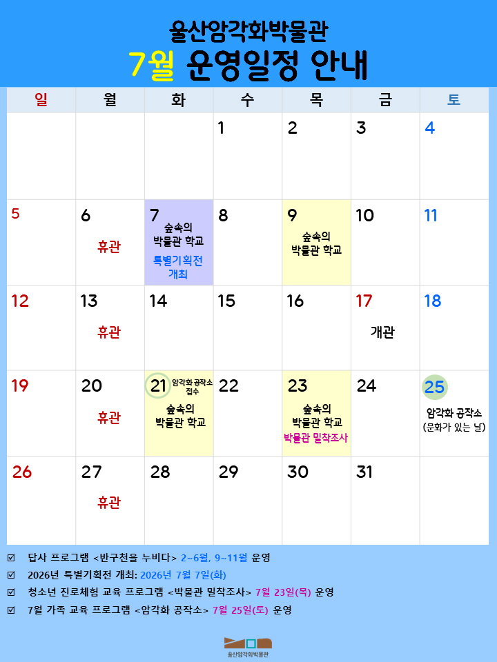 울산암각화박물관 7월 운영일정 안내
  수 : 1 / 목 : 2 / 금 : 3 / 토 : 4 / 일 : 5 / 월 : 6 휴관 / 화 : 7 숲속의 박물관 학교 특별기획전 개최 / 수 : 8 / 목 : 9 숲속의 박물관 학교 / 금 : 10 / 토 : 11 / 일 : 12  / 월 : 13 휴관 / 화 : 14 / 수 : 15  / 목 : 16 / 금 : 17 개관 / 토 : 18 / 일 : 19 / 월 : 20 휴관 / 화 : 21 암각화 공작소 접수 숲속의 박물관 학교 / 수 : 22 / 목 : 23 숲속의 박물관 학교 박물관 밀착조사 / 금 : 24 / 토 : 25  암각화 공작소 (문화가 있는 날) / 일: 26 / 월 : 27 휴관 / 화 : 28 / 수 : 29 / 목 : 30 / 금 : 31
- 답사 프로그램 <반구천을 누비다> 2~6월, 9~11월 운영
- 2026년 특별기획전 개최:2026년 7월 7일(화)
- 청소년 진로체험 교육 프로그램 <박물관 밀착조사> 7월 23일(목) 운영
- 7월 가족 교육 프로그램 <암각화 공작소> 7월 25일(토) 운영
  울산암각화박물관
