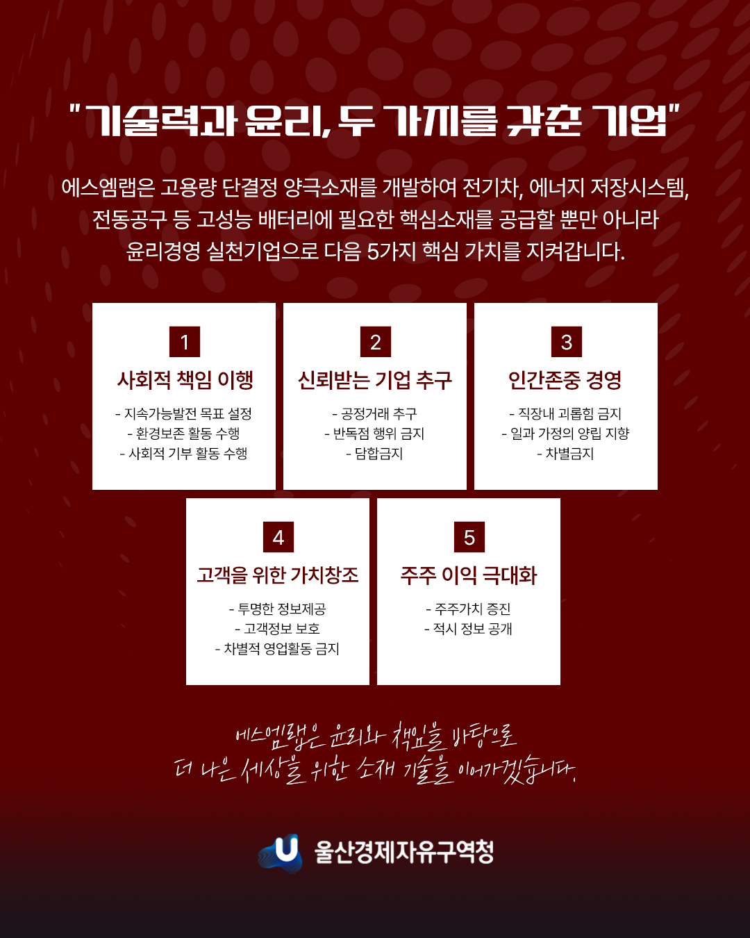 "기술력과 윤리, 두가지를 갖춘 기업" 에스엠랩은 고용량 단결정 양극소재를 개발하여 전기차, 에너지 저장시스템, 전동공구 등 고성능 배터리에 필요한 핵심소재를 공급할 뿐만 아니라 윤리경영 실천기업으로 다음 5가지 핵심 가치를 지켜갑니다. 1. 사회적 책임 이행 - 지속가능발전 목표 설정 - 환경보존 활동 수행 - 사회적 기부 활동 수행 2. 신뢰받는 기업 추구 - 공정거래 추구 - 반독점 행위 금지 - 담합금지 3.인간존중 경영 - 직장내 괴롭힘 금지 - 일과 가정의 양립 지향 - 차별금지 4. 고객을 위한 가치창조 - 투명한 정보제공 - 고객정보 보호 - 차별적 영업활동 금지 5. 주주 이익 극대화 - 주주가치 증진 - 적시 정보 공개  에스엠랩은 윤리와 책임을 바탕으로 더 나은 세상을 위한 소재 기술을 이어가겠습니다.
