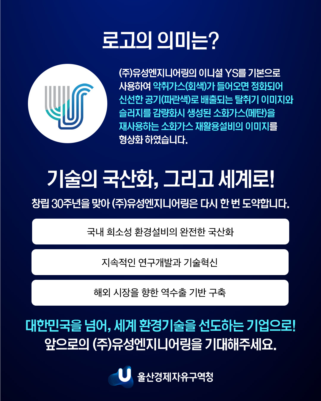 로고의 의미는? (주)유성엔지니어링의 이니셜 YS를 기본으로 사용하여 악취가스(회색)가 들어오면 정화되어 신선한 공기(파란색)로 배출되는 탈취기 이미지와 슬러지를 감량화시 생성된 소화가스(메탄)을 재사용하는 소화가스 재활용설비의 이미지를 형상화 하였습니다.  기술의 국산화, 그리고 세계로! 참립 30주년을 맞아 (주)유성엔지니어링은 다시 한번 도약합니다. 국내 희소성 환경설비의 완전한 국산화 지속적인 연구개발과 기술혁신 해외 시장을 향한 역수출 기반 구축 대한민국을 넘어, 세계 환경기술을 선도하는 기업으로! 앞으로의 (주)유성엔지니어링을 기대해주세요.