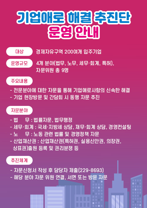 기업애로추진단 운영 안내 - ○ 대    상 : 경제자유구역 200여개 입주기업   ○ 운영규모 : 4개 분야(법무, 노무, 세무·회계, 특허), 자문위원 총 9명   ○ 주요내용     - 전문분야에 대한 자문을 통해 기업애로사항의 신속한 해결     - 기업 현장방문 및 간담회 시 동행 자문 추진   ○ 자문 분야     - 법     무 : 법률자문, 법무행정    - 세무·회계 : 국세·지방세 상담, 재무·회계 상담, 경영컨설팅    - 노     무 : 노동 관련 법률 및 경영정책 자문    - 산업재산권 : 산업재산권(특허권, 실용신안권, 의장권, 상표권)출원      등록 및 권리분쟁 등   ○ 추진체계     - 자문신청서 작성 후 담당자 제출(229-8693)     - 해당 분야 자문 위원 연결, 서면 또는 방문 자문