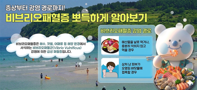 증상부터 감염경로까지!
비브리오패혈증 뽀득하게 알아보기
비브리오패혈증은 해수, 갯벌, 어패류 등 해양환경에서 서식하는 비브리오패혈균(Vibrio Vulnificus) 감염에 의한 급성 패혈증입니다.
비브리오패혈증 감염경로: 해산물을 날로 먹거나, 충분히 익히지 않고 먹을경우 / 상처 난 피부가 오염된 바닷물에 접촉할 경우