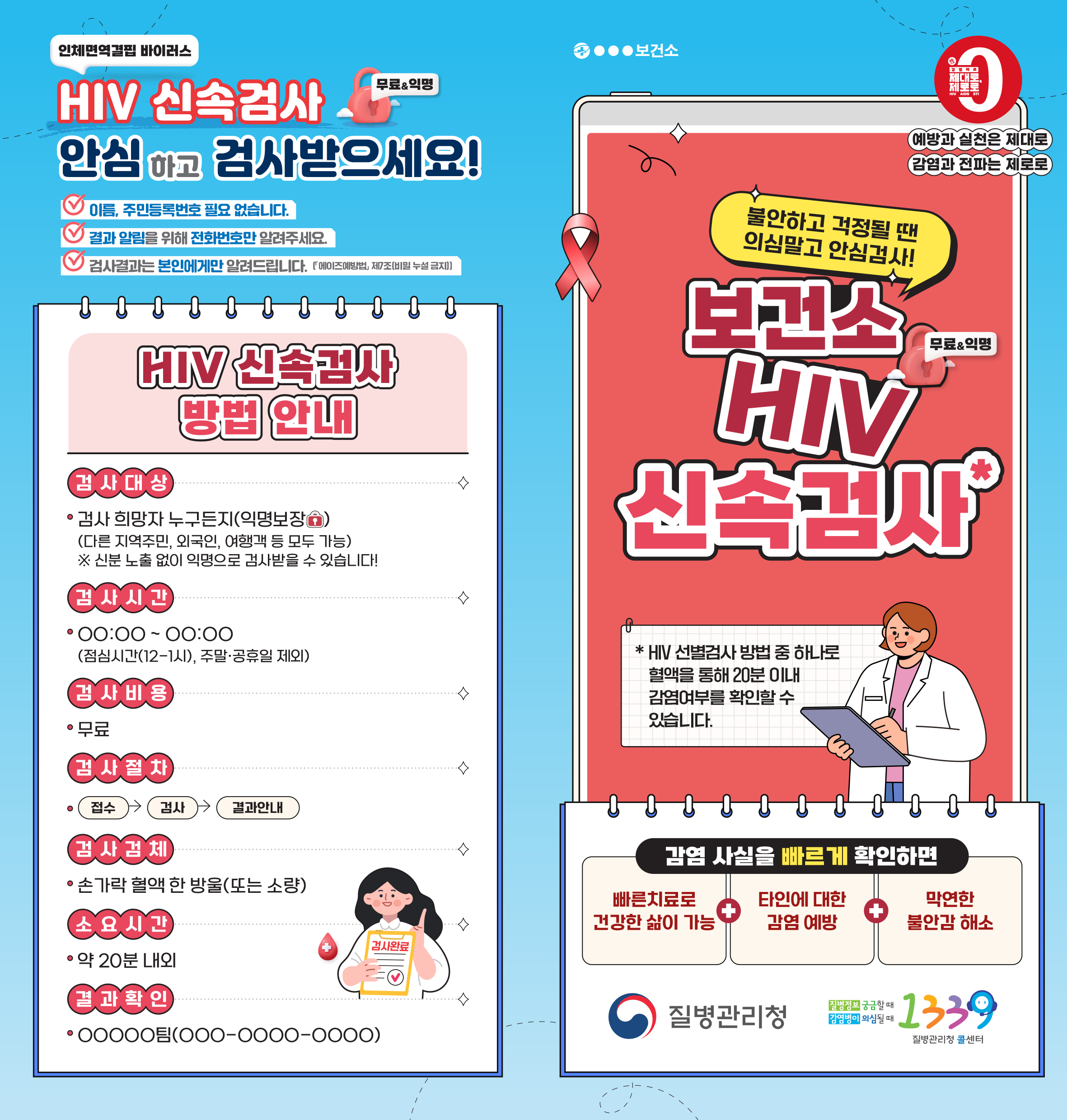 
인체면역결핍 바이러스
HIV 신속검사 무료&익명 안심하고 검사받으세요!
이름, 주민등록번호 필요 없습니다.
결과 알림을 위해 전화번호만 알려주세요.
검사결과는 본인에게만 알려드립니다.[에이즈예방법, 제7조(비밀 누설 금지)]
HIV 신속검사 방법 안내
<검사대상>
- 검사 희장자 누구든지(익명보장)
(다른 지역주민, 외국인, 여행객 등 모두 가능)
※ 신분 노출 없이 익명으로 검사받을 수 있습니다!
<검사기간>
- 00:00 ~ 00:00
(점심시간(12-1시), 주말·공휴일 제외)
<검사비용>
- 무료
<검사절차>
- 접수 → 검사 → 결과안내
<소요시간>
- 약 20분 내외
<결과확인>
00000팀(000-0000-0000)
000보건소
감염제로 제대로 제로로
예방과 실천은 제대로
감염과 전파는 제로로
불안하고 걱정될 땐
의심말고 안심검사!
보건소 무료&익명 HIV 신속검사*
* HIV 선별검사 방법 중 하나로 혈액을 통해 20분 이내 감염여부를 확인할 수 있습니다.
감염 사실을 빠르게 확인하면
빠른치료로 건강한 삶이 가능 + 타인에 대한 감염 예방 + 막연한 불안감 해소
질병관리청 질병정보 궁금할 때 감염병이 의심될 때 1339 질병관리청 콜센터
